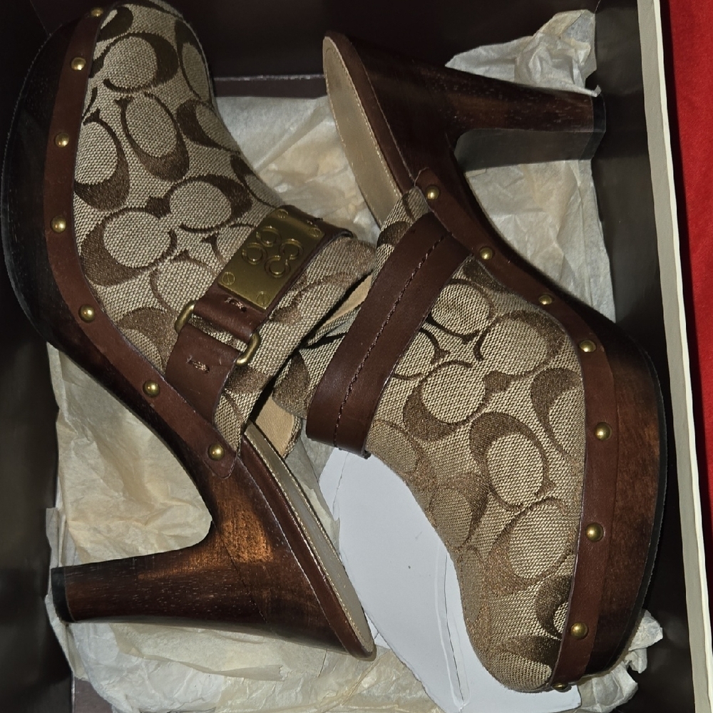 Coach Tan and Brown Patterned Mules - Picture 11 of 12
